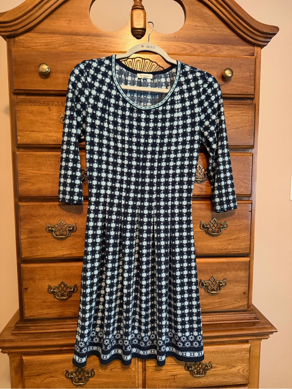 Max Studio Navy and White Patterned Midi Fit-and-Flare Dress